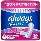 Always Discreet Adult Incontinence Pads for Women, Maximum Absorbency, Long Length, Postpartum Pads, 39 Count