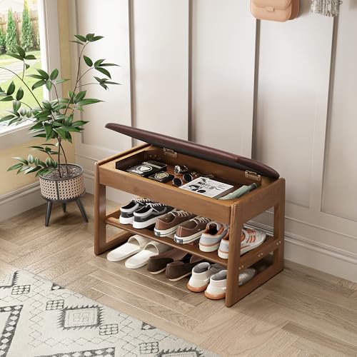 IUNVR Shoe Rack Bench Seat Rubberwood 2-Tier Wooden Storage Bench 550lbs Compact Mid-Century Modern...