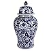 Benjara Bold Floral Decorative Jar with Lid, Blue and White
