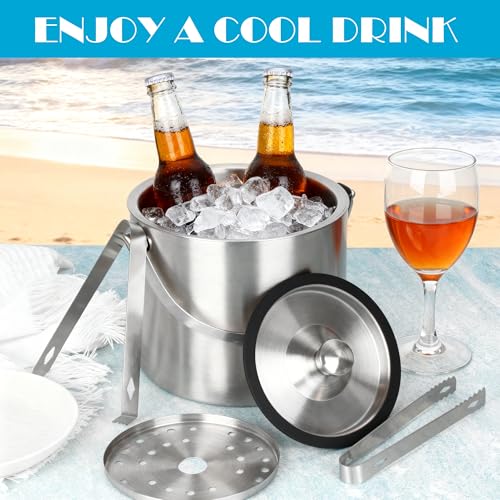1.6L Eiswürfelbehälter, Eiskübel mit Deckel,Eiswürfelbehälter Edelstahl mit Clips und Sieb, Tragbar Eiskühler, Perfekt zum Kühlen von Bier, Champagner und Wein (1.6L)