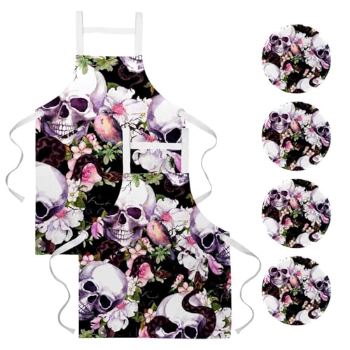 Tabliers de cuisine crânes et fleurs, lot de 2 pour pâtisserie et bistrot