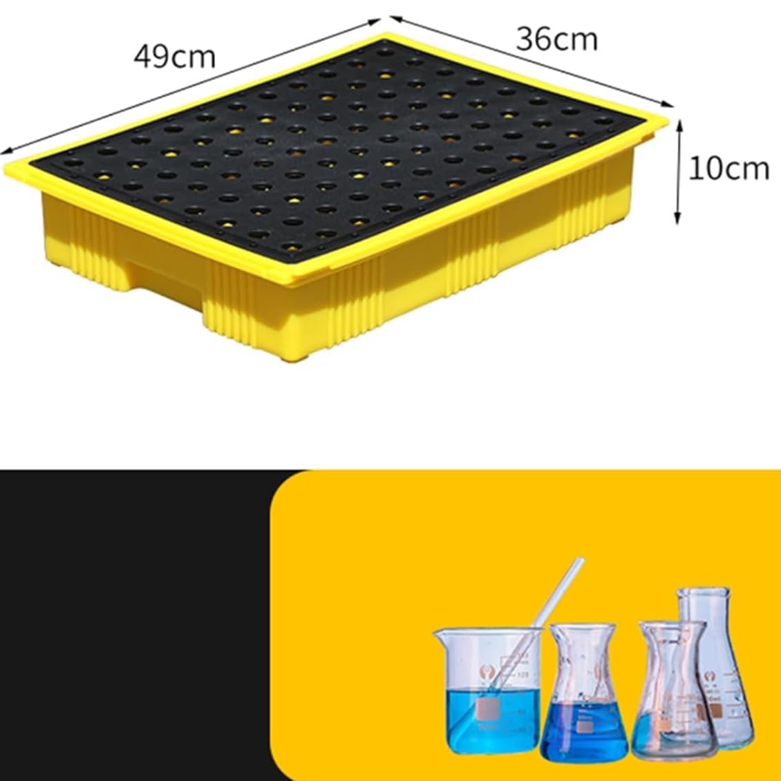 Plataforma modular antiderrames, bandeja antiderrames de polietileno, tarima de contención de derrames para 1/2 tambor con salida de drenaje y bolsillos para montacargas,49x36x10cm
