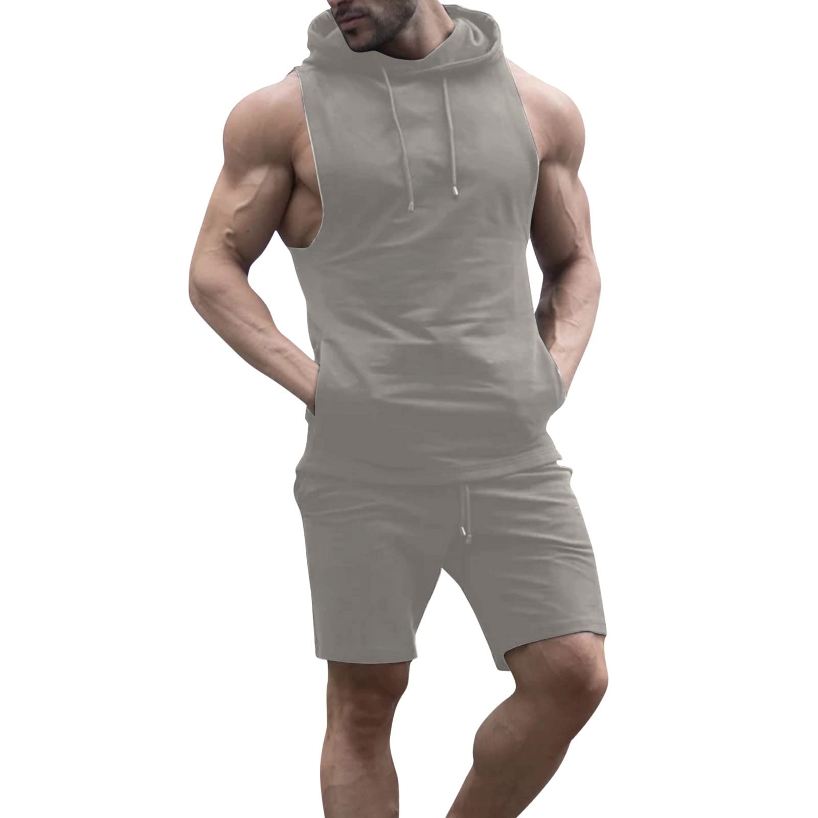 2 Piece Outfits for Men Hooded Tracksuit Set Casual Solid Color Sleeveless Tank Tops Comfy Shorts Jogging Sweatsuit