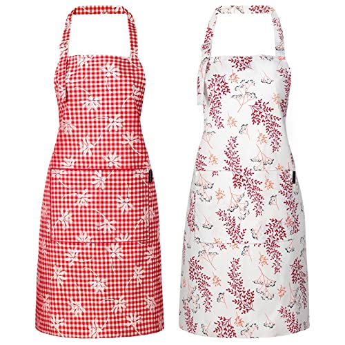 Waterproof Floral Chef Apron for Women with Pockets, Cute Stylish Adjustable Aprons for Kitchen Cooking Home Baking, Grilling and Gardening Apron (Red, 2pc of Gift Pack)