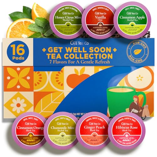 Image of Get Well Soon Tea Pod Gift Set (16 Count) - 7 Flavors Assorted Variety Pack | Honey Citrus Mint, Vanilla Chai, Cinnamon Apple, Cinnamon Orange, Chamomile Mint, Ginger Peach, Hibiscus Rose, Non-GMO