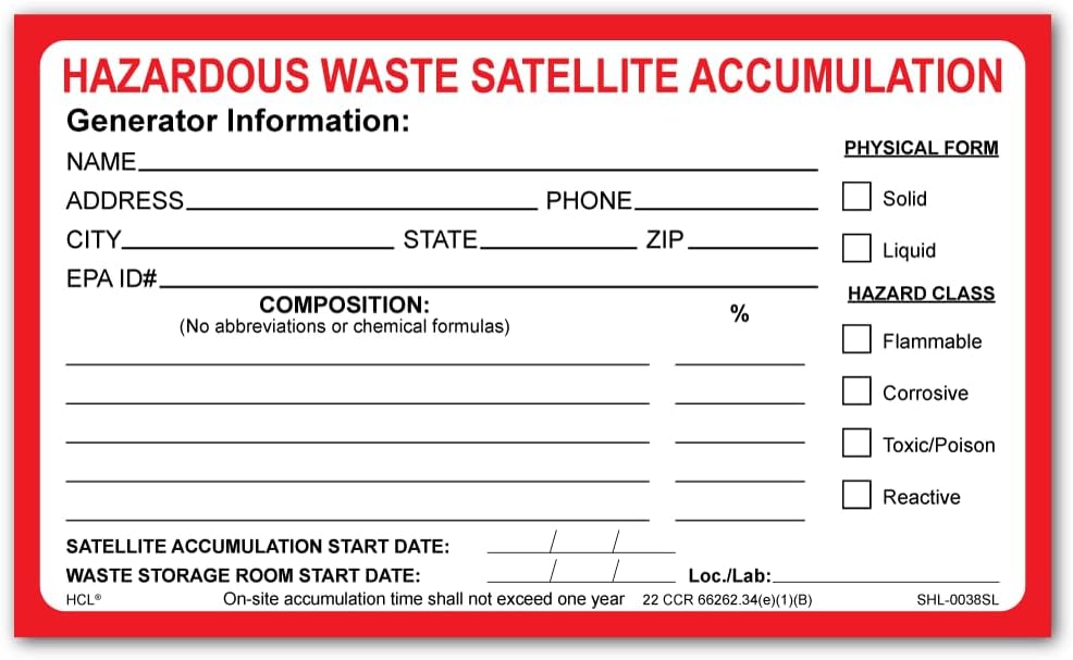Self Laminating Hazardous Waste Satellite Accumulation Label, 3" x 5", Adhesive Vinyl, Chemical Resistant, Pack of 50