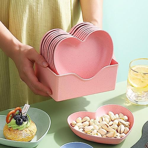 Image of Heart-Shaped Dessert, Salad & Snack Plates - Set of 10 Pink Plastic Dishes for Fruits, Steak, Appetizers | Lightweight, Eco-Friendly, Unbreakable Fiber Plates for Parties & Everyday Use