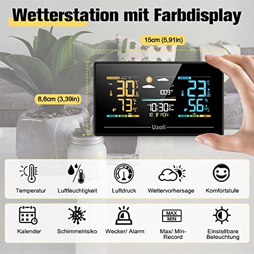 Foto von Uzoli Wetterstation funk mit Außensensor Farbdisplay Thermometer Hygrometer für Innen Außen Wettervorhersage Luftdruck Komfortstufe Schimmelrisiko Wecker Funkwetterstation für Zuhause - EM3405