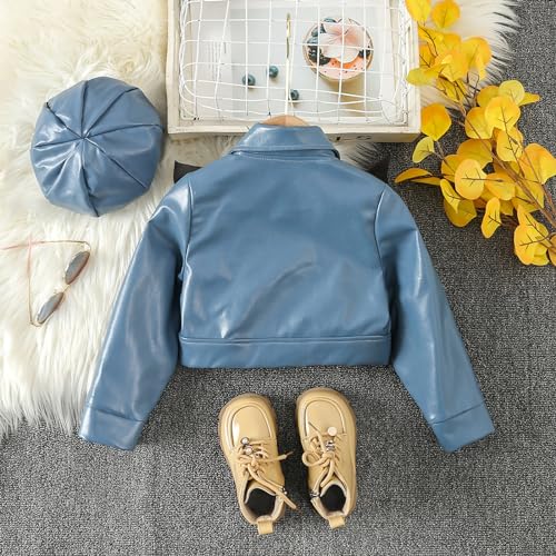 Toddler Girls Faux Leather Motorcycle Jacket Cute Ruffle Spring Fall PU Coat and Hat 2 to 7 Years Top Runaways Blue2