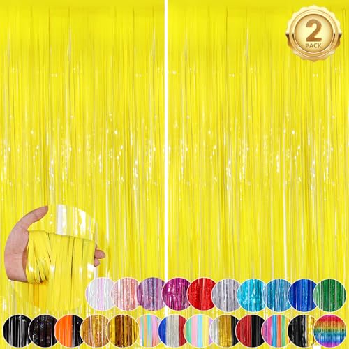 Image of Macaron Yellow Metallic Tinsel Foil Fringe Curtains, 2Pack 3.3x8.3 Feet Streamer Backdrop Curtains for Birthday Wedding Party Decorations, Halloween Decor, Foil Curtain Backdrop for Bachelorette Party