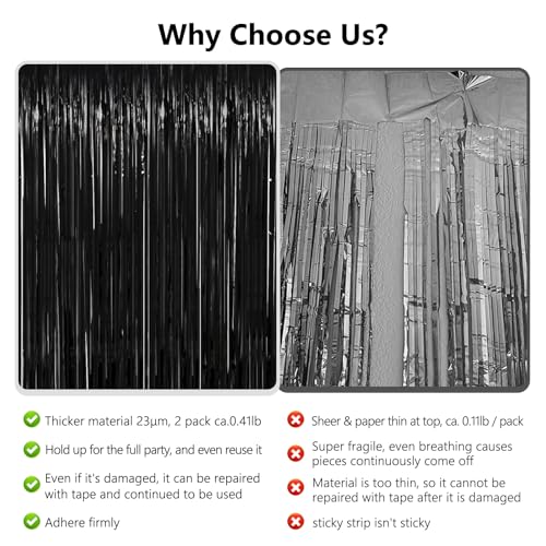 Image of Thicken Black Tinsel Backdrop Curtains 2 Pack 3.2 x 8.2 FT, Black Streamers, Birthday Decorations for Men, Foil Fringe Photo Backdrop for Retirement, Bachelor Party Decorations, New Years, Halloween