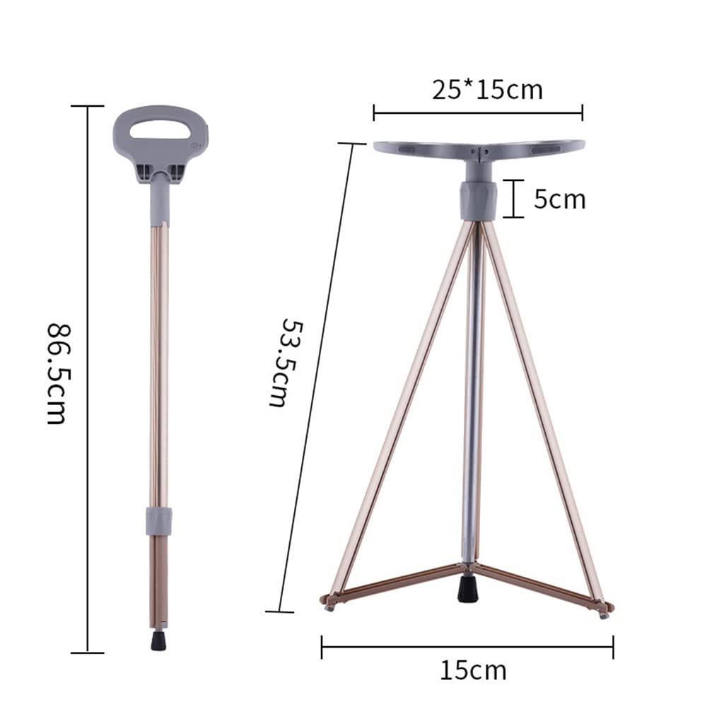 JWW Bastón con Asiento Plegable Silla Muletas Taburete, Muletas para Caminar Portátil con Estable Base De Trípode Patas, Ligero (Color : Gold)