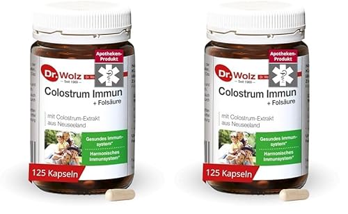 Dr. Wolz Colostrum Immun + Folsäure¹ - 125 Kapseln - Hochwertiges Kolostrum von neuseeländischen Kühen - 100% natürliche Inhaltsstoffe - hochwertige Immunglobuline (Packung mit 2)
