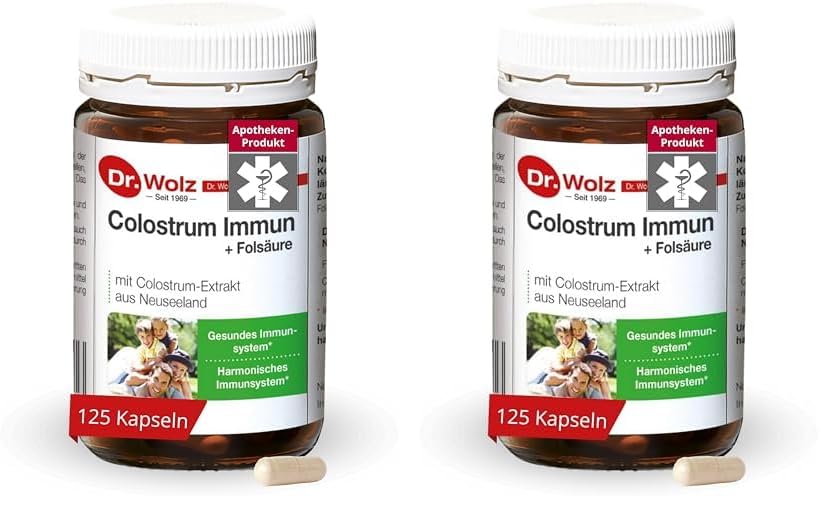 Dr. Wolz Colostrum Immun + Folsäure¹ - 125 Kapseln - Hochwertiges Kolostrum von neuseeländischen Kühen - 100% natürliche Inhaltsstoffe - hochwertige Immunglobuline (Packung mit 2)