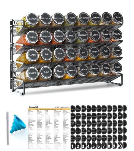 Image of SpaceAid Spice Rack Organizer with 32 Spice Jars, 386 Spice Labels, Chalk Marker and Funnel Set for Cabinet, Countertop, Pantry, Cupboard or Door & Wall Mount - 32 Jars, 15.3 inch W x 10.8 inch H, Black