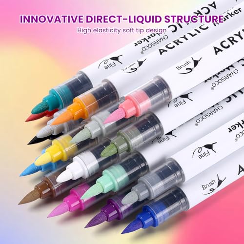 Image of Acrylic Paint Markers, 12 Colors Dual Tip Acrylic Paint Pens, Water-Based No-Bleed Markers with Automatic Ink Control System, Bullet & Brush Tip, Works on Paper, Wood, Ceramic, Rock