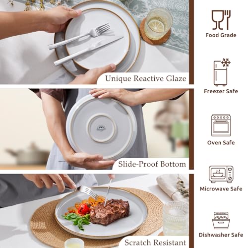 Onader 12 Piece Dinner Set, Reactive Glaze Stoneware Dinnerware for 4 People, Elegant Plates and Bowls Sets for Kitchen Christmas Camping, Scratch Resistant, Microwave & Dishwasher Safe - Daisy Beige - Image 4