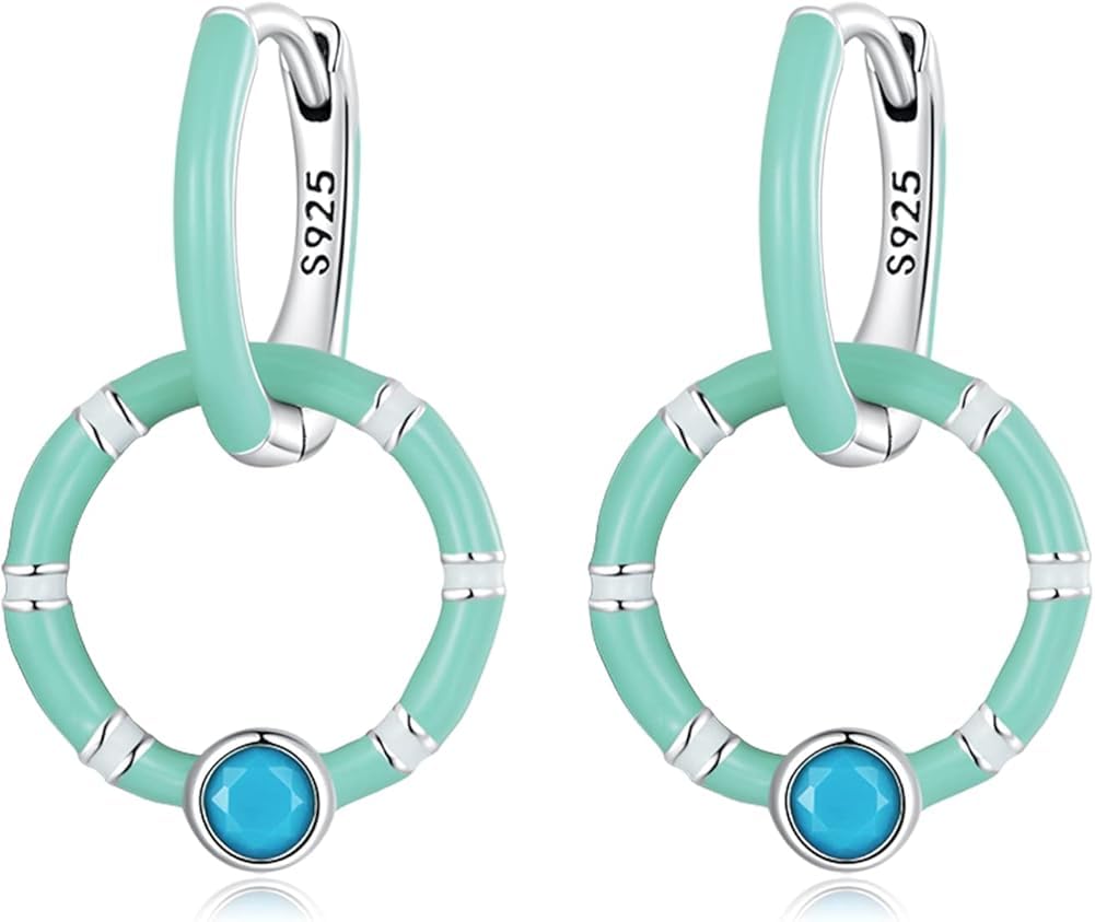 Boucles d'oreilles turquoise anti allergie argent 925 double anneau - 8