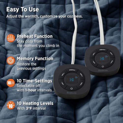 Image of Bedsure Luxury Quilted Heated Blanket King, Thick Electric Blanket, Blue