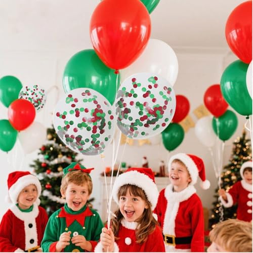 Image of Red White Green 12inch Balloons with Confetti Balloons for Wedding, Birthday, Baby Shower, Christmas, Family Parties Decoration(55Pcs)