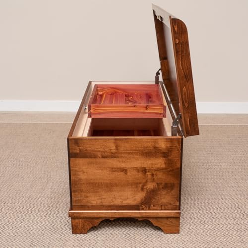 Image of Rustic Red Door Co. Cedar Hope Chest with Waterfall Top and Tray, Amish Made Wooden Storage Trunk Box for Bedroom, Blanket, Clothes, Anti-Slam Hinges and Lock, Brown Maple Wood, Asbury Stain, 36 inch Long