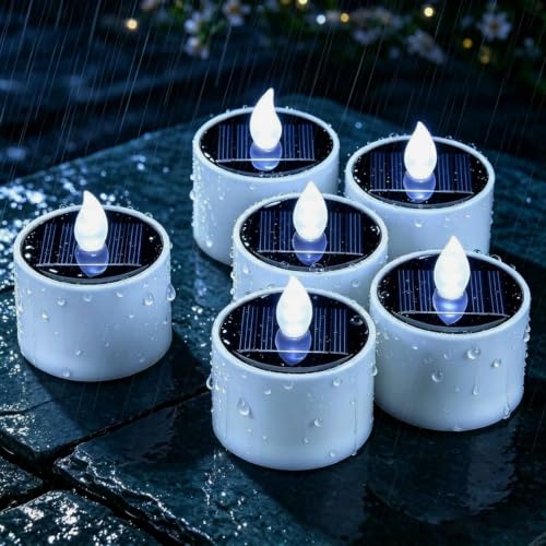 Yakpo 6er-Set Solar LED Teelichter Außen Kaltweiß flackernd & Wasserdicht IP44 Outdoor Kerzen für Hof Weg & Hochzeit moderne Deko für Garten Balkon Laternen & Grablicht Flammenlose Teelichter