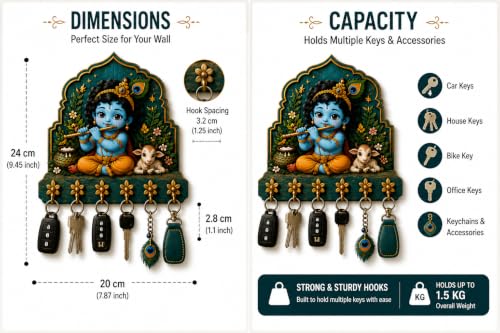 Image of Radha Krishna Key Holder for Wall, 10X10 Inches | 5 Metal Hooks, Premium Wooden, Spiritual Wall Decor, Home Entrance Living Room Office