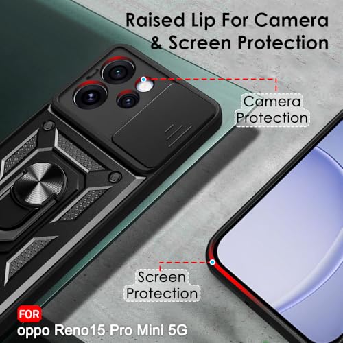 Image of TheGiftKart Tough Armor Bumper Back Cover Case for Oppo Reno 15 Pro Mini 5G | Sliding Camera Cover, Kickstand & Ring Holder | 360 Degree Protection Back Cover for Reno15 Pro Mini 5G (PC & TPU, Black)