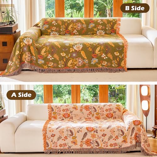 Image of VANJOROY Boho Throw Blanket 80 inch x 90 inch, 100% Organic Cotton Breathable Skin-Friendly Ultra Soft Bed Quilt Throw - Floral Rustic Decor Luxury Reversible Blanket for Sofa Couch Chair and Gift,
