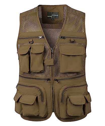 RUMAOZIA Chaleco de pesca al aire libre para hombre, informal, de secado rápido, multifunción, trabajo, viajes, fotografía, sin mangas, con muchos bolsillos prácticos, O Khaki, XL