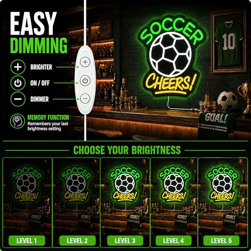 Image of Soccer Cheers LED Neon Sign, Green Ball Wall Light for Sports Bar, Fan Cave, Game Room, Bedroom and Team Room Decor, USB Powered Dimmable Gift for Fans, 13.8 x 13 in