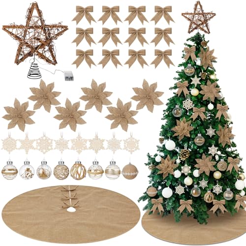 Soulchen Boho Christmas Tree Ornaments Set-40 Pcs Burlap Christmas Tree Decorations Jute Rustic Neutral Skirt Topper Bows Ball Poinsettia Snowflake Hanging Ornament Bulk for Farmhouse Xmas Party Decor