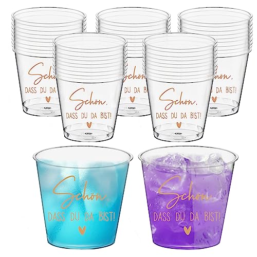 50 Stück 30ml Plastik Schnapsgläser Schön dass du da bist Shotgläser Plastikbecher Schnapsbecher Wiederverwendbarer Trinkbecher Transparent Shot Becher für Geburtstag Hochzeit Party Weihnachten