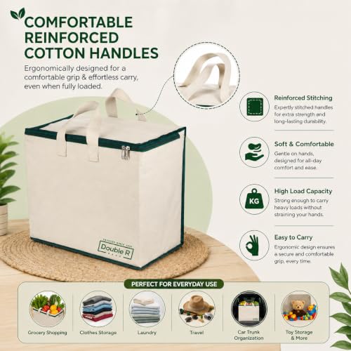 Image of DOUBLE R BAGS Multipurpose Clothes & Grocery Storage Organizer with Reinforced Cotton Handles, Zip Cover & 1 Compartment - Heavy Duty Canvas Bags (Green, 43x27.9x43 cm, Pack of 2)