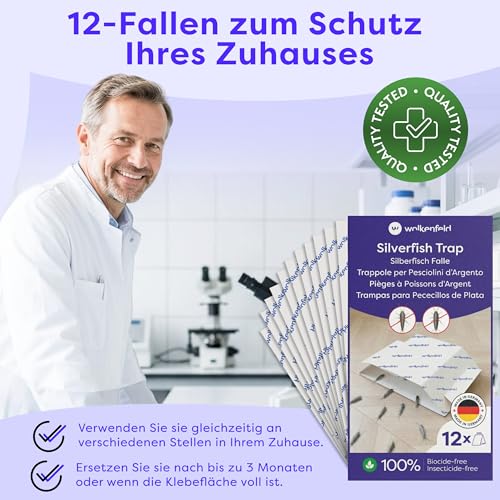 Wolkenfeld Silberfischfalle mit Köder – 12 Klebefallen gegen Silberfische & Papierfischchen – Effektive Silberfisch Köderdose Alternative ohne Spray & Gift – Made in Germany