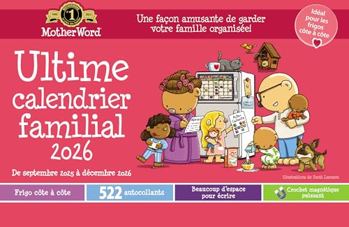 2026 MotherWord Ultimate Fridge Magnetic Hanging Family Calendar, 16-Month Family Planner, Sept 2025 - Dec 2026, French, Medium Side by Side Version, 15" x 9.5" (MWMFT12826) by MotherWord - Used condition - CA$15.60