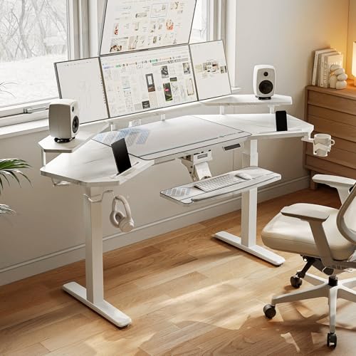 Image of EUREKA ERGONOMIC Gaming Desk, w Keyboard Tray, 73 inch Wing Shaped Music Studio Table with LED Shelves, Gaming Recording Live Stream, Slot Design