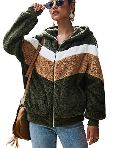 N NORA TWIPS Womens Fuzzy Sweatshirt Full-Zip Sherpa Pullover Fluffy Faux Winter Coat Fleece Color Block Jacket with Pocket Army Green