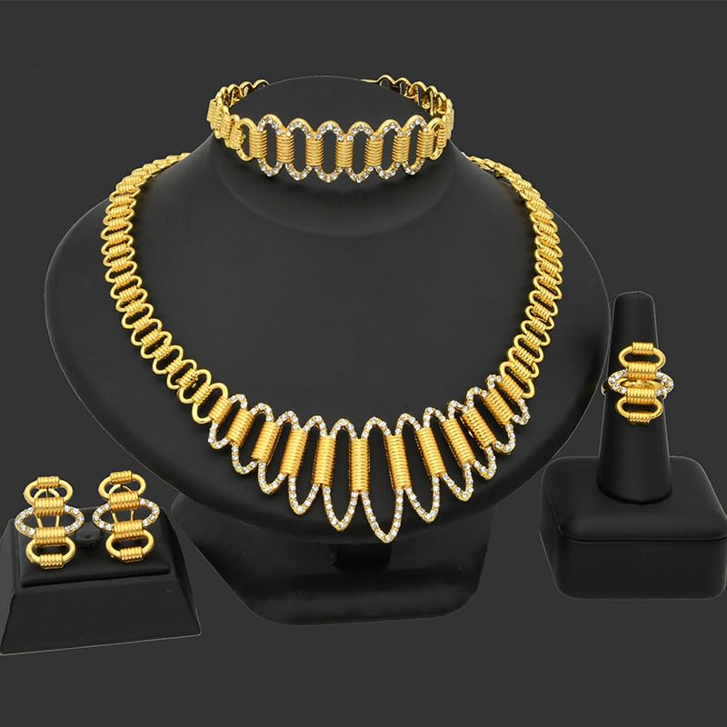 Image of GEHNEY joy of jewels 24k Gold Plated Choker Jewellery Set for Women - Earrings Ring & Bracelet Gold Necklace Set for Women Stylish - Bridal Necklaces for Women Golden with Cubic Zirconia CZ Stones