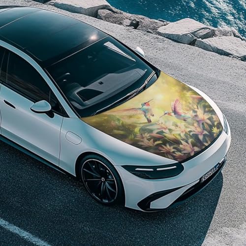 Image of Hummingbird Lily Print Car Hood Cover Stretch Polyester Fabric Car Hood Cover Snowproof Car Hood Accessories Easy Installation for Car Hood Decor and Protection