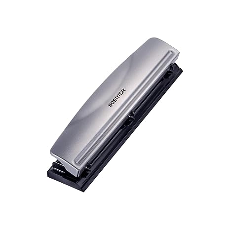 Bostitch Office 3 Hole Punch, Metal, 12 Sheet Capacity, Rubber Base, Silver