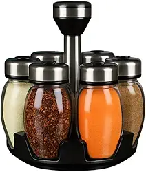 Kit Porta Temperos Giratório 6 Potes de Vidro com Tampa Prateada Organizador de Condimentos Hermético para Cozinha Preserva Aroma e Sabor Fácil de Limpar e Economiza Espaço na Bancada