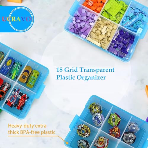 Image of UCRAVO 18 Grid Square Storage Box, Blue, 10 cm x 10 cm x 10 cm, 3-Layer Jewelry & Toy Organizer, Transparent Plastic, Multi-Purpose