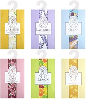 Fragrance Sachet Bags, Pack of 6, Natural Moth Repellent, Lavender Bags, Wardrobe Fresheners Hanging for Drawers Closets, Rooms, Wardrobes, Bathrooms,Cars(Jasmine, Rose, Lavender, Lily, Ocean,lemon)