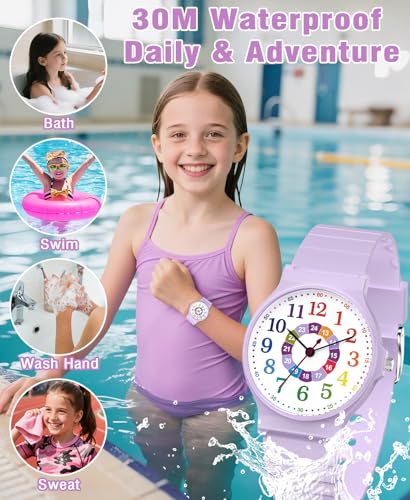 SOCICO Kids Analog Watch Boys Girls Watch, 30M Waterproof Sports Watches for Teen for Ages 8-16, Easy to Read Children's Watch Kids Great Birthday Gifts Christmas Day (Purple - Colorful Dial)