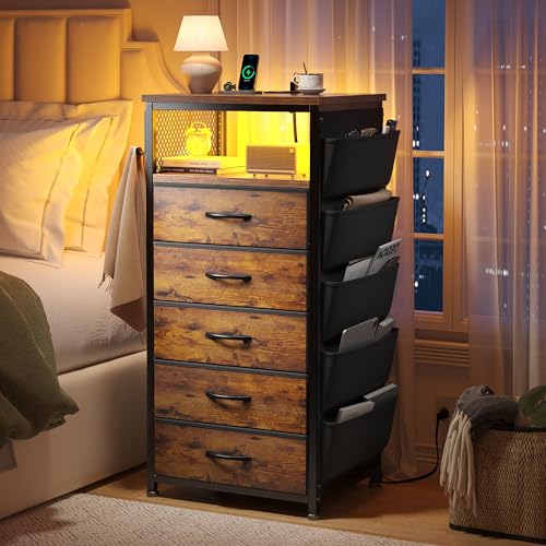 Image of EnHomee Night Stand with 5 Drawers, Dresser with Charging Station and LED Light, Tall Nightstand with Extra Side Bag & Hooks, Bedroom, Closet, Hallway, Entryway, Rustic Brown