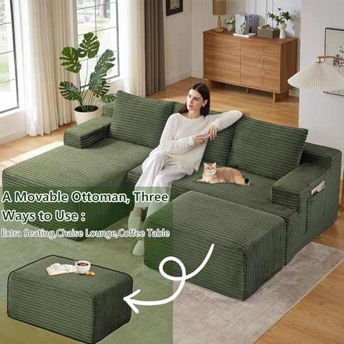 Image of 96.1 inch Modular Sectional Sofa with Ottoman, Modern Corduroy Cloud Couch, Boneless Couch Upholstered 3-Seater U-Shaped Sofa for Living Room, No Assembly (Green, Right-Facing Chaise)