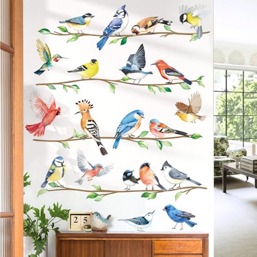decalmile Stickers Muraux Oiseaux sur Branche Arbre Autocollant Mural Feuilles Vertes Plantes Oiseaux de Jardin Décoration Murale Salon Chambre Cuisine