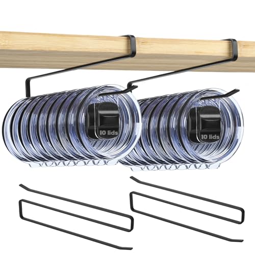 2 Pack Tumbler Lid Organizer, Under Cabinet Cup Lid Holder - Heavy Duty Iron with Anti-Rust Coating, Holds 10+ Lids , No Drill Space-Saving Kitchen Bathroom Organizer for 20–40 oz Tumbler Lids, Black