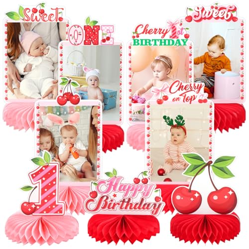 9pcs Cherry On Top Photo Honeycomb Centerpieces Sweet One First B...
